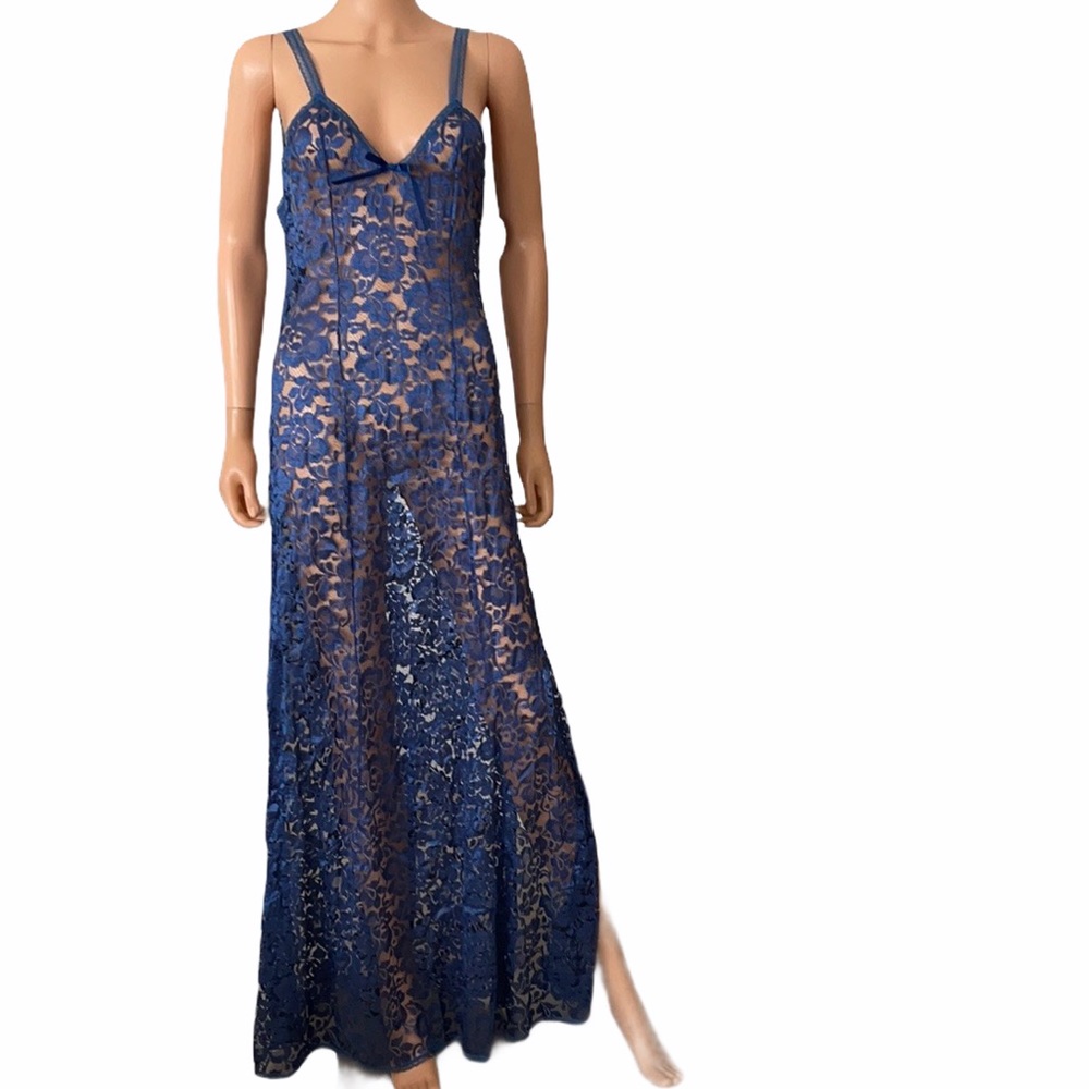 NWT Vintage Blue Mesh & Lace Gown - Made in USA Full Length Dress Zipper Back